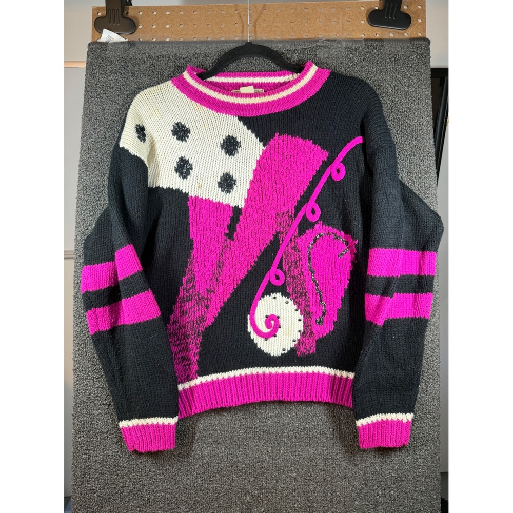 Spice of Life Sweater Womens M Black Pink Vintage 80s Geometric Knit Pullover